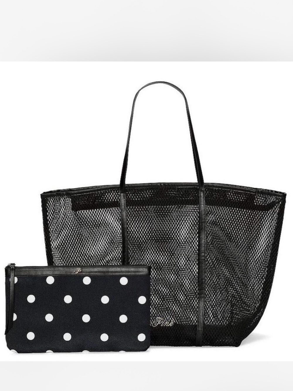 PINK Victoria's Secret Black Mesh Tote with Polka Dot Pouch
